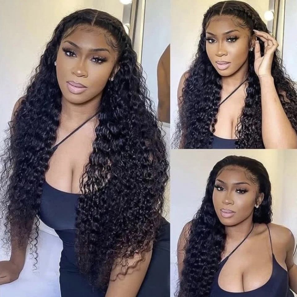 Transparent precut lace glueless, deep wave Brazilian hair wig