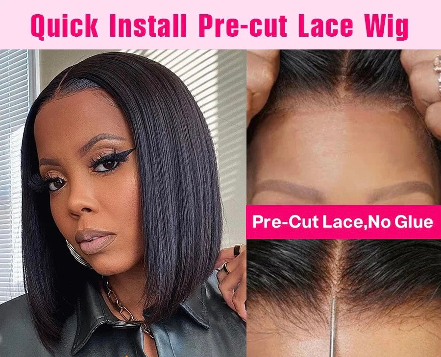 4x4 Pre-cut Lace Closure, Glue less, Wear and Go Straight Brazilian Hair Bob Wig